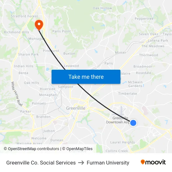 Greenville Co. Social Services to Furman University map