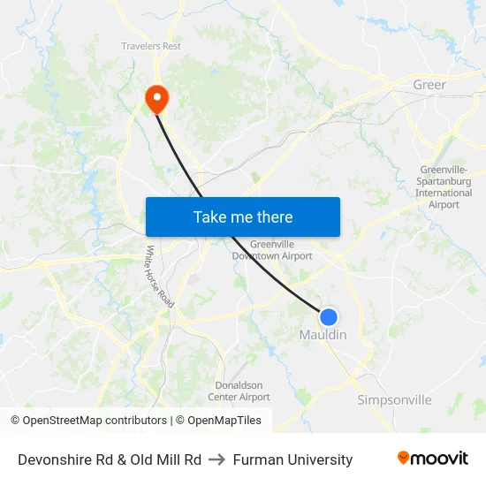 Devonshire Rd & Old Mill Rd to Furman University map