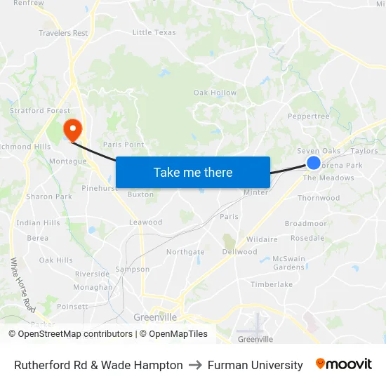 Rutherford Rd & Wade Hampton to Furman University map
