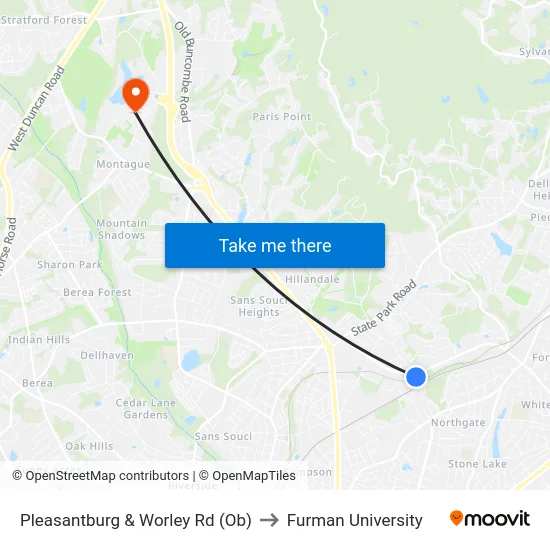 Pleasantburg & Worley Rd (Ob) to Furman University map