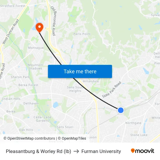 Pleasantburg & Worley Rd (Ib) to Furman University map