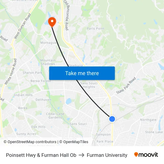 Poinsett Hwy & Furman Hall Ob to Furman University map
