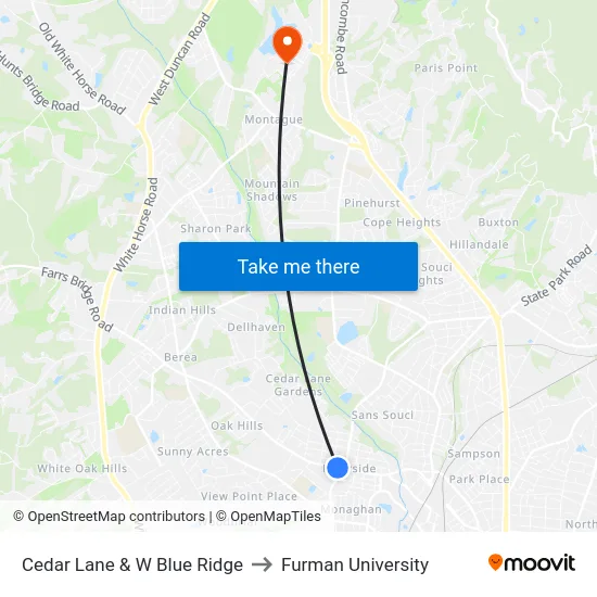 Cedar Lane & W Blue Ridge to Furman University map