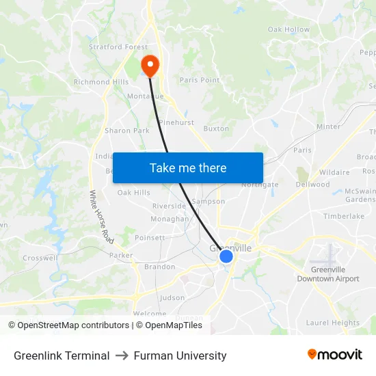 Greenlink Terminal to Furman University map