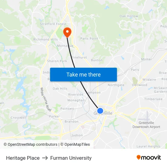 Heritage Place to Furman University map