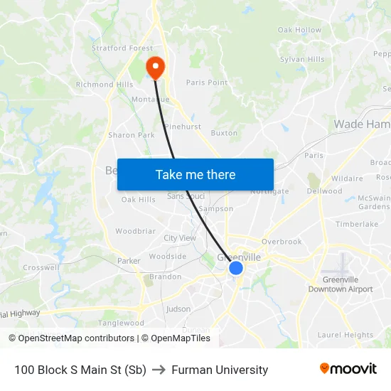 100 Block S Main St (Sb) to Furman University map