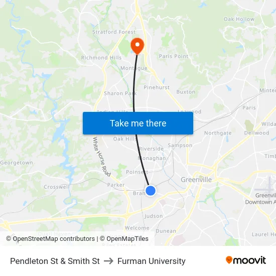 Pendleton St & Smith St to Furman University map