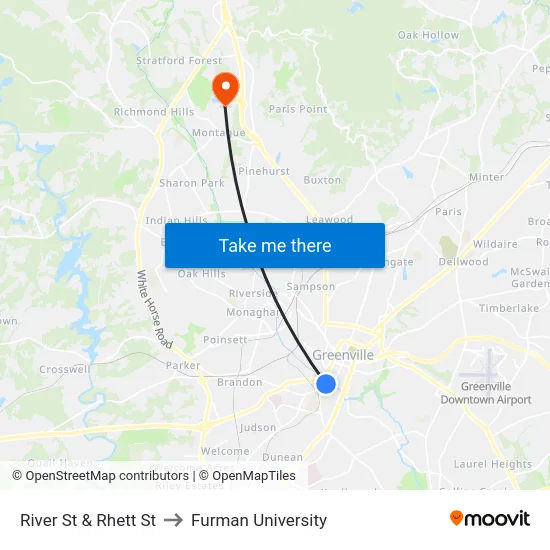River St & Rhett St to Furman University map