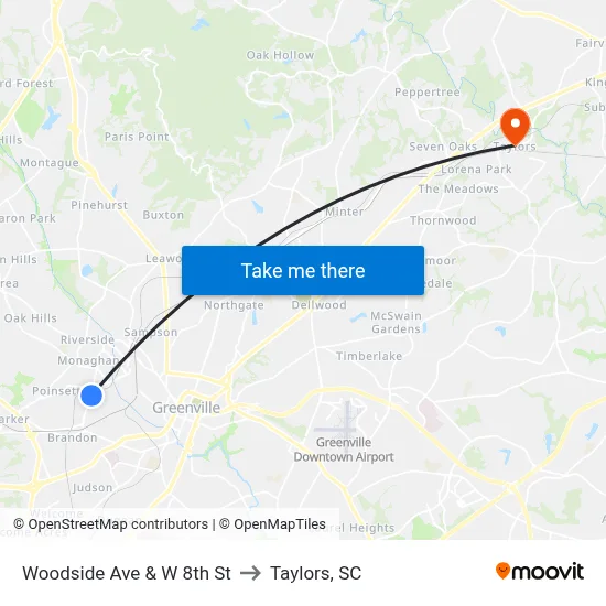 Woodside Ave & W 8th St to Taylors, SC map