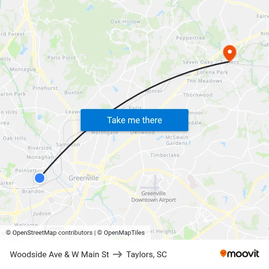 Woodside Ave & W Main St to Taylors, SC map