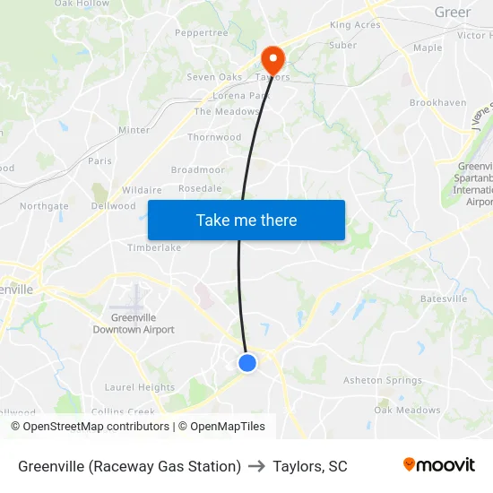 Greenville (Raceway Gas Station) to Taylors, SC map