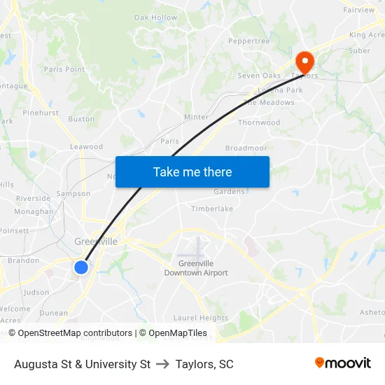 Augusta St & University St to Taylors, SC map