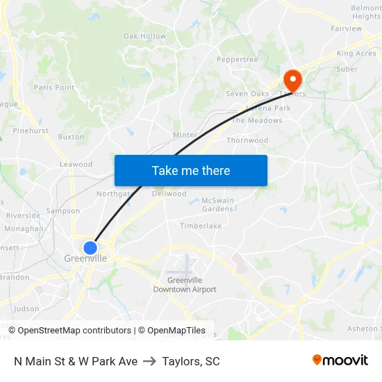 N Main St & W Park Ave to Taylors, SC map