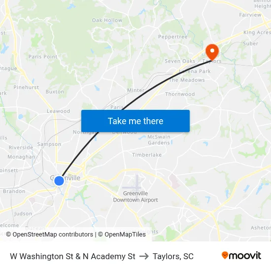 W Washington St & N Academy St to Taylors, SC map