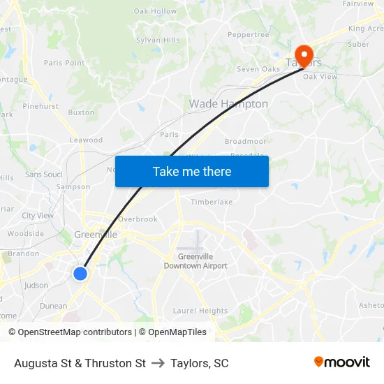 Augusta St & Thruston St to Taylors, SC map
