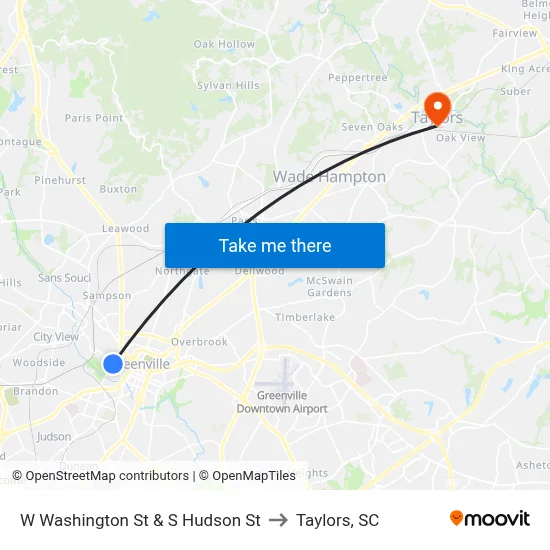 W Washington St & S Hudson St to Taylors, SC map