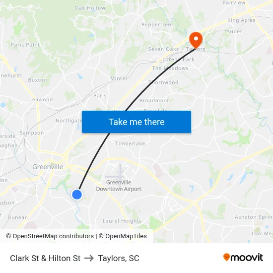 Clark St & Hilton St to Taylors, SC map