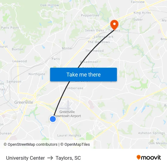 University Center to Taylors, SC map