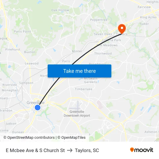 E Mcbee Ave & S Church St to Taylors, SC map