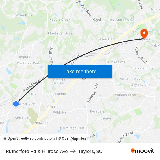 Rutherford Rd & Hillrose Ave to Taylors, SC map