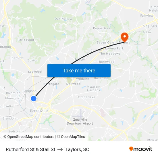 Rutherford St & Stall St to Taylors, SC map