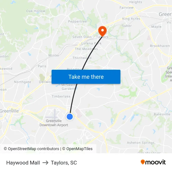 Haywood Mall to Taylors, SC map