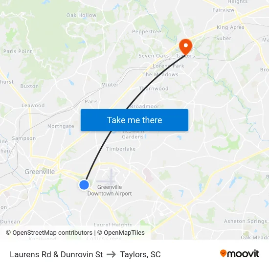 Laurens Rd & Dunrovin St to Taylors, SC map