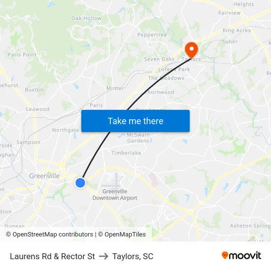 Laurens Rd & Rector St to Taylors, SC map