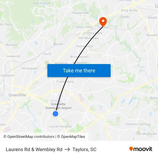 Laurens Rd & Wembley Rd to Taylors, SC map