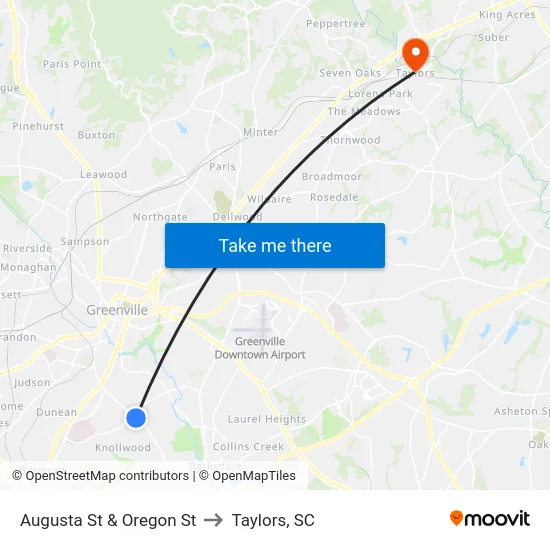 Augusta St & Oregon St to Taylors, SC map
