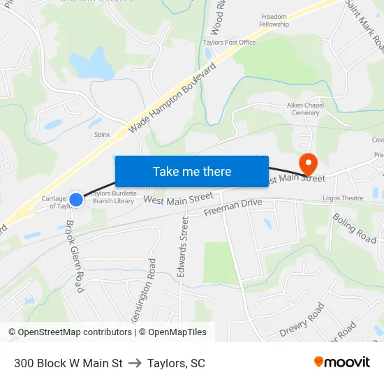 300 Block W Main St to Taylors, SC map