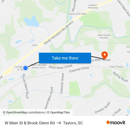 W Main St & Brook Glenn Rd to Taylors, SC map
