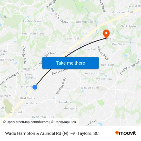 Wade Hampton & Arundel Rd (N) to Taylors, SC map
