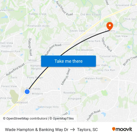Wade Hampton & Banking Way Dr to Taylors, SC map