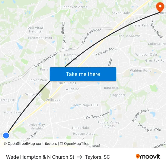 Wade Hampton & N Church St to Taylors, SC map