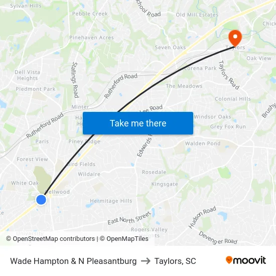 Wade Hampton & N Pleasantburg to Taylors, SC map