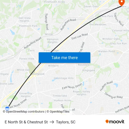 E North St & Chestnut St to Taylors, SC map