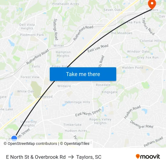E North St & Overbrook Rd to Taylors, SC map