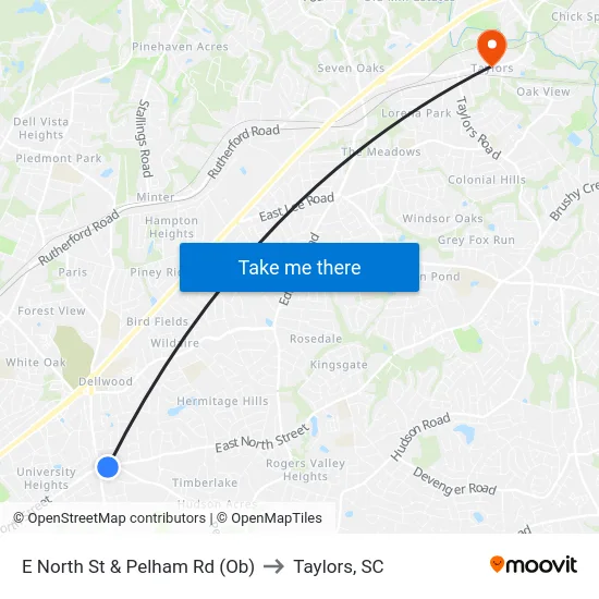 E North St & Pelham Rd (Ob) to Taylors, SC map