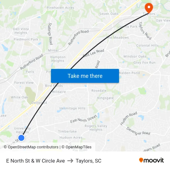 E North St & W Circle Ave to Taylors, SC map
