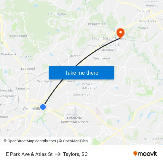E Park Ave & Atlas St to Taylors, SC map