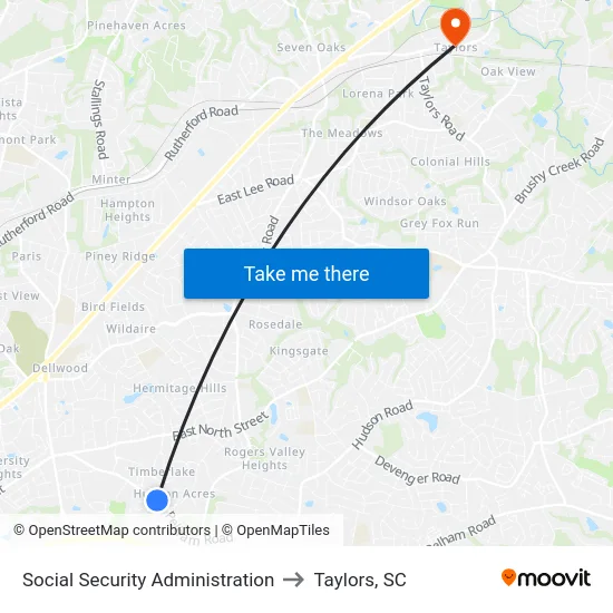 Social Security Administration to Taylors, SC map