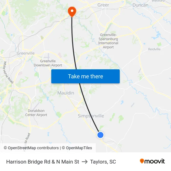 Harrison Bridge Rd & N Main St to Taylors, SC map