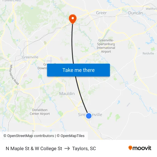 N Maple St & W College St to Taylors, SC map