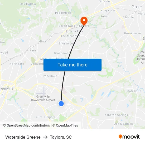 Waterside Greene to Taylors, SC map