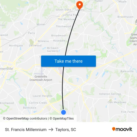 St. Francis Millennium to Taylors, SC map
