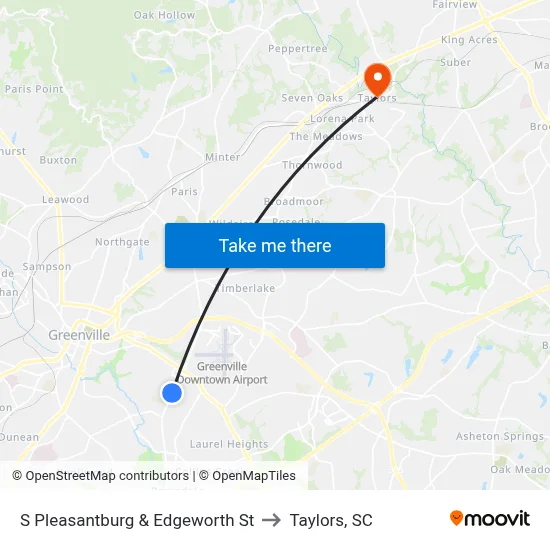 S Pleasantburg & Edgeworth St to Taylors, SC map