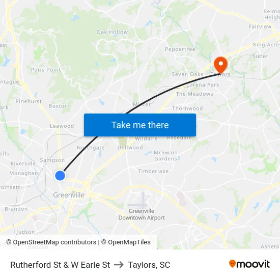 Rutherford St & W Earle St to Taylors, SC map