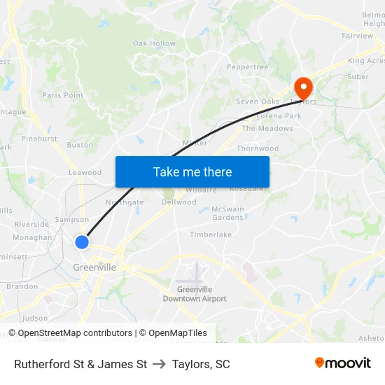 Rutherford St & James St to Taylors, SC map
