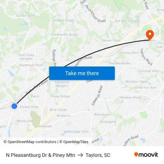 N Pleasantburg Dr & Piney Mtn to Taylors, SC map